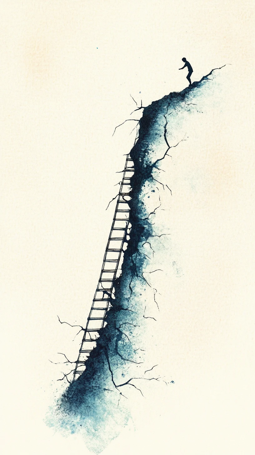 Surreal ink ladder twisting through impossible angles in midair