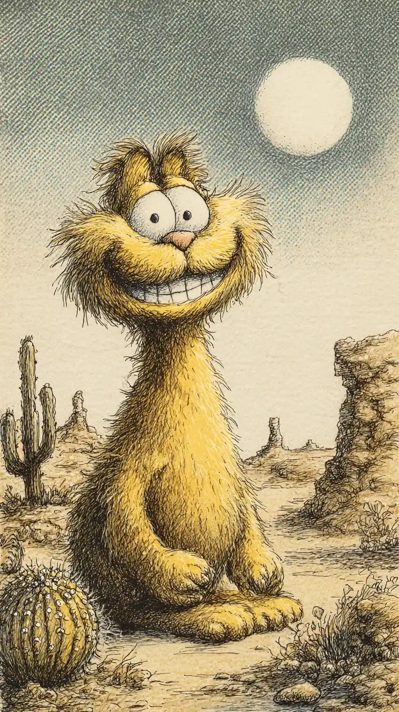 Cheerful cartoon cat in the desert under bright moonlight