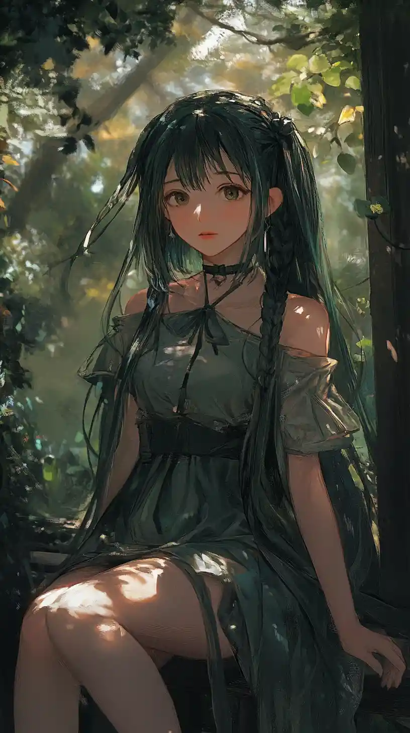 Sad anime girl in a sleeveless dress before a temple