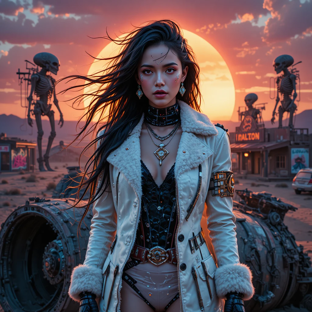 Outlaw woman on alien wreck at sunset in desert