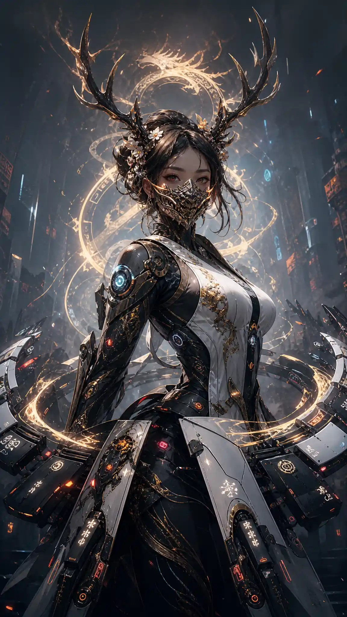 Cybernetic warrior woman with antlers and dragon mask