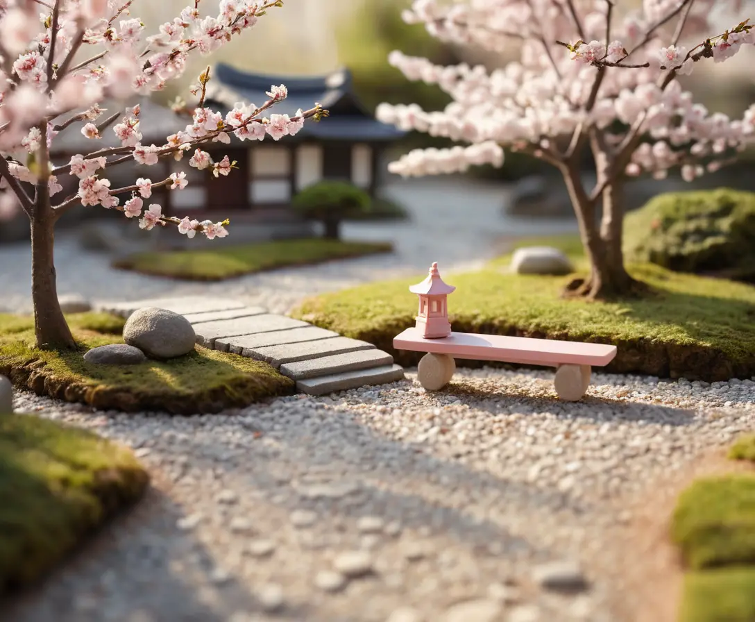 Miniature Japanese Garden With Tilt Shift Morning Sunlight