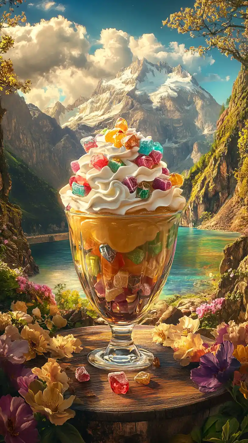 Colorful jelly dessert with whipped cream in the mountains
