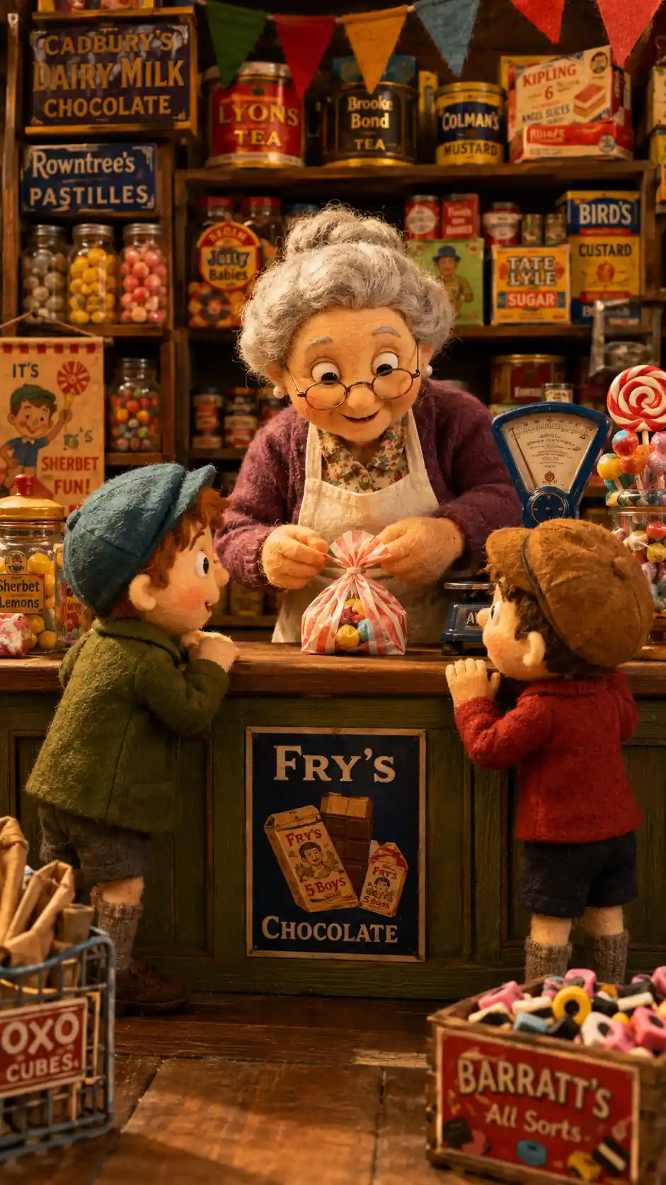 Elderly shopkeeper wrapping sweets for two excited boys