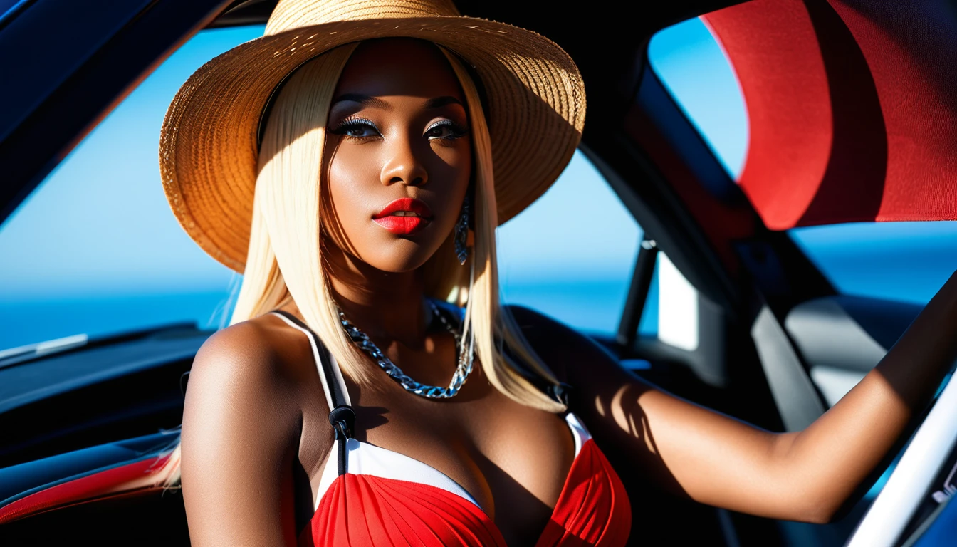 Mulher negra reclinada em um carro usando vestido vermelho de verão