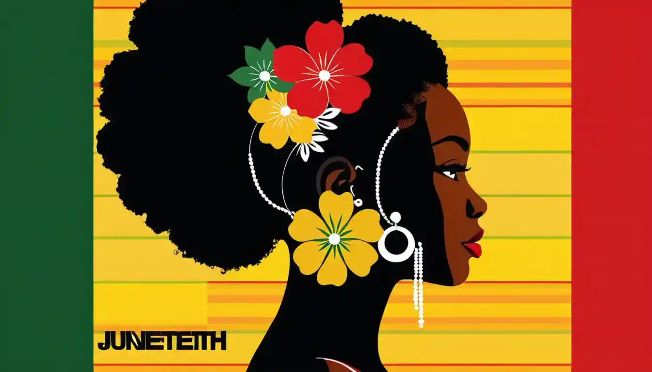 Juneteenth poster with woman silhouette and striped background