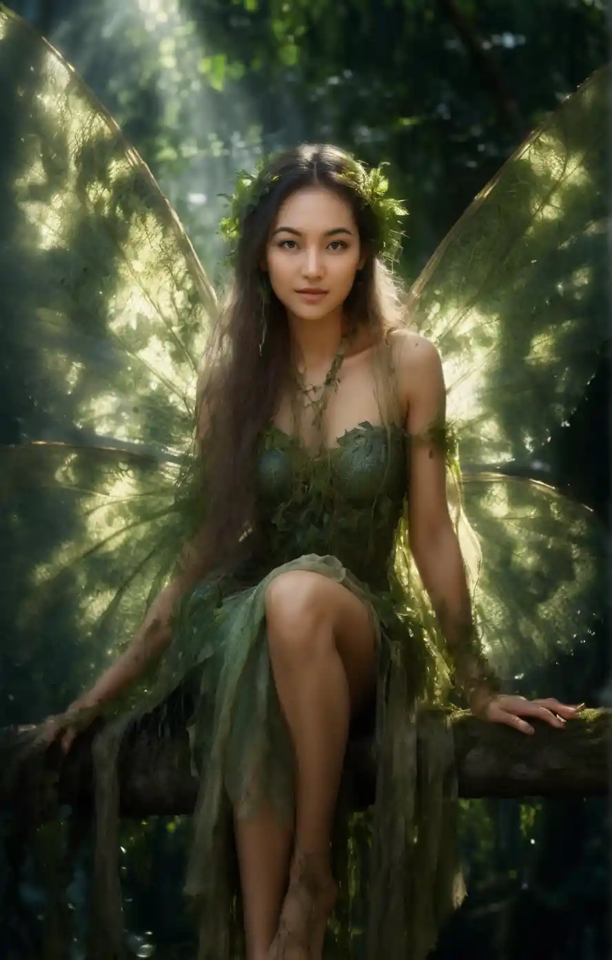 Ethereal druid fairy woman on branches in glowing forest