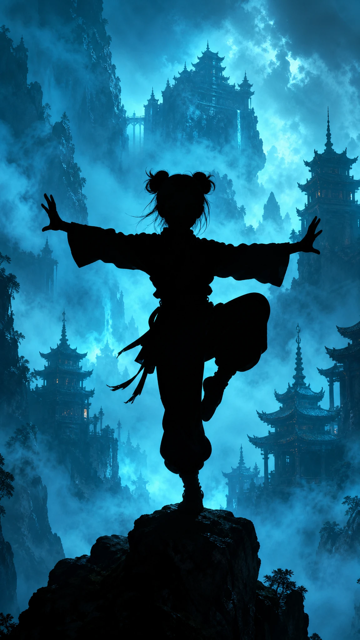 Martial girl silhouette posing on misty mountain temple