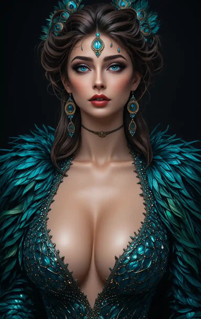 Fantasy peacock woman with turquoise and blue feathers