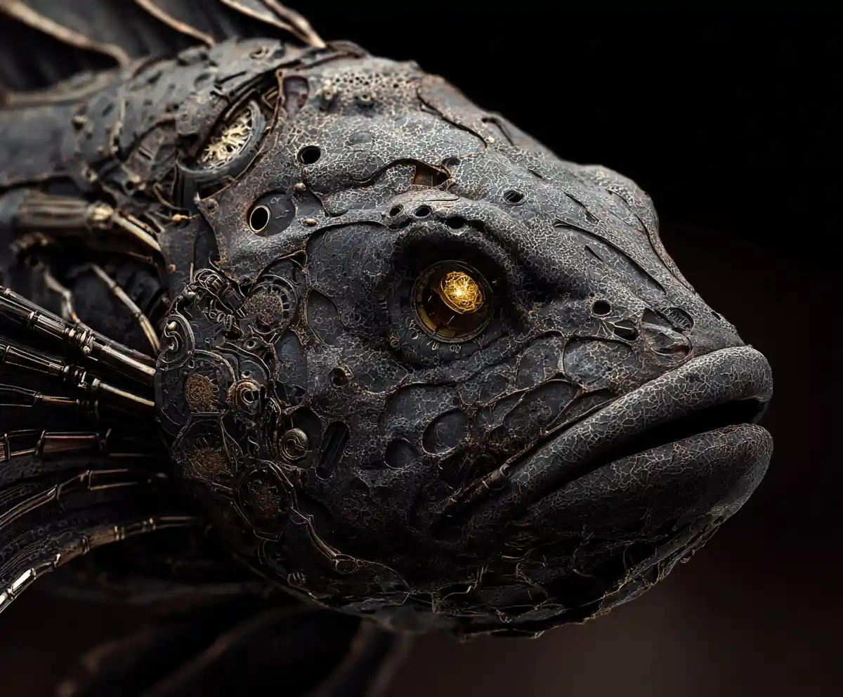 Gigantic Mechanical Cyber Fish With Glowing Golden Eyes