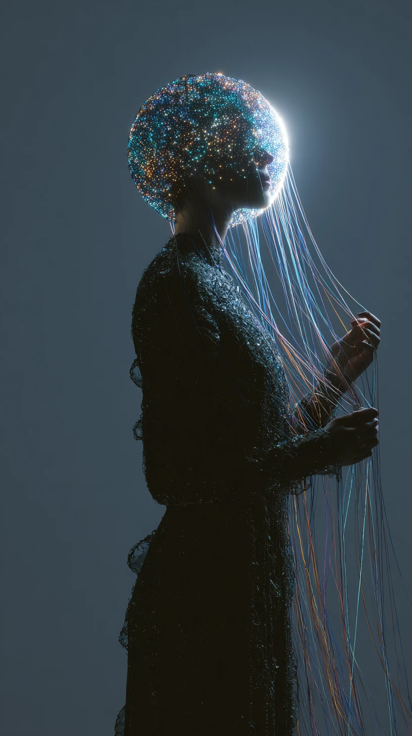 Slender mesh silhouette raising a glowing stitched fabric orb