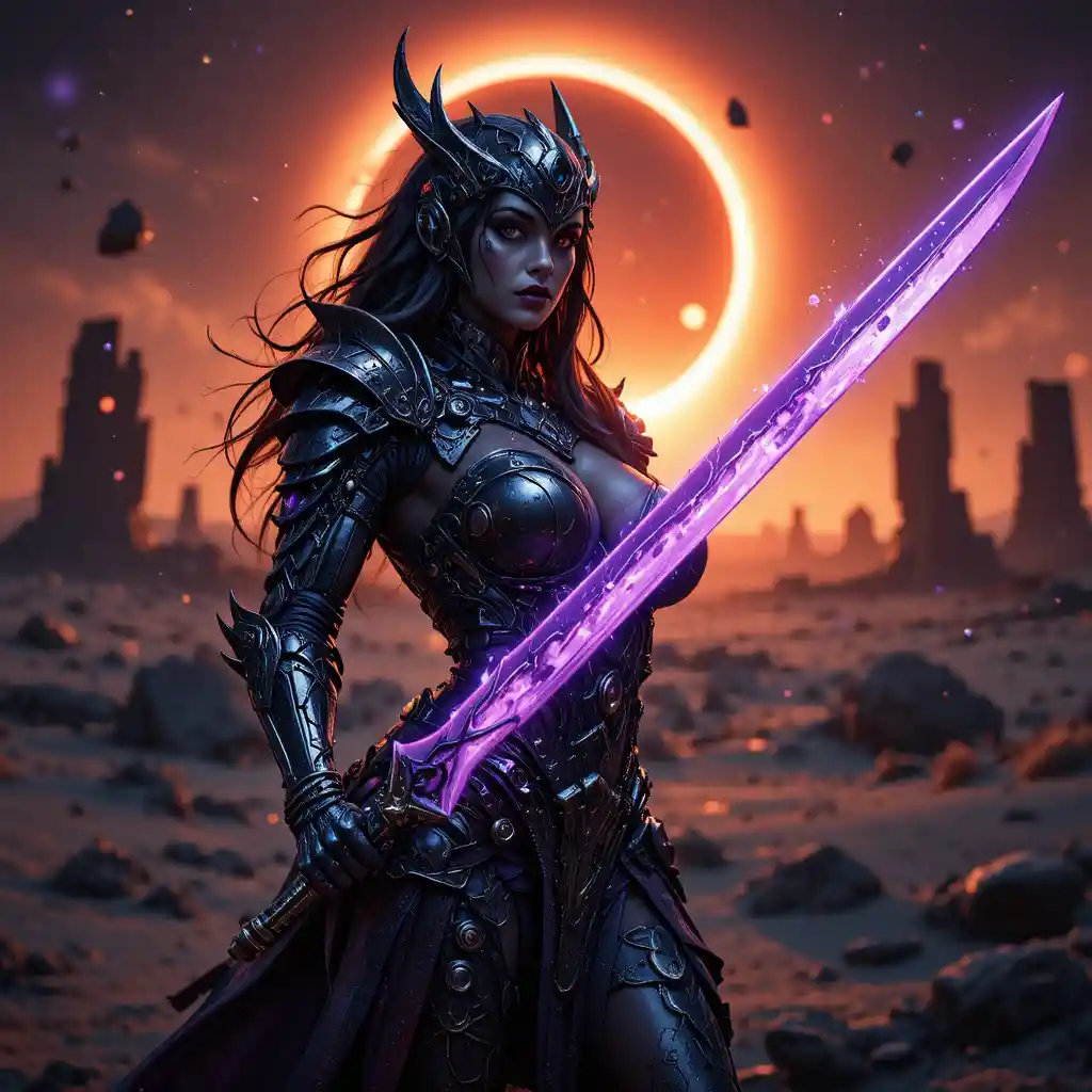 Dark paladin with violet runeblade under alien eclipse
