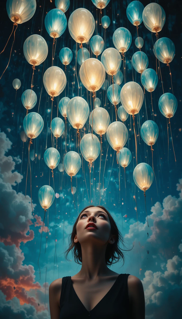 Whimsical Woman Gazing Up At Surreal Glowing Balloons