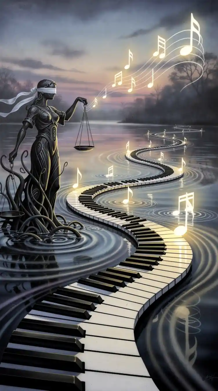 Surreal Piano Key Path Flowing Over A Calm Water Pond