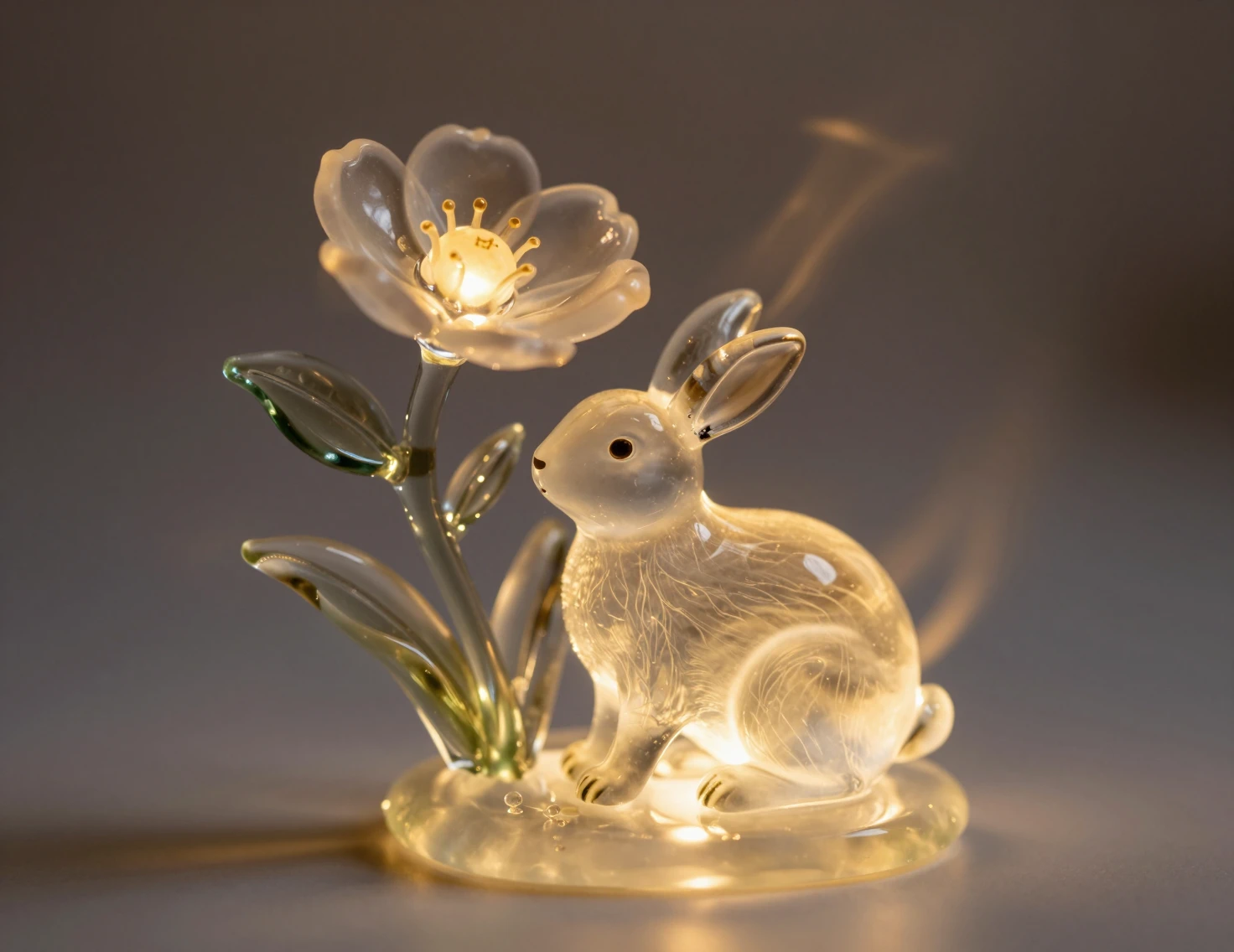 Delicada escultura de conejo de vidrio en escena invernal en miniatura