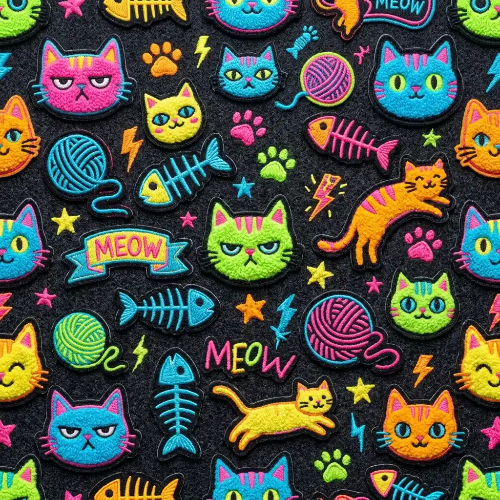 Seamless 3D cartoon cat patch pattern on dark background