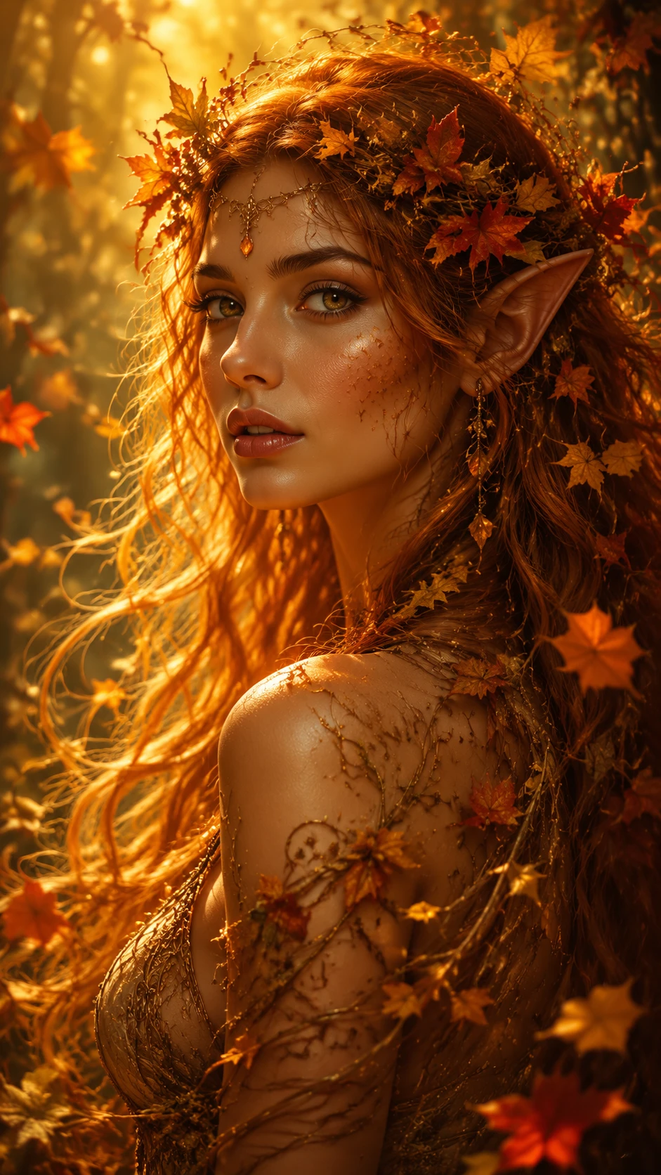 Autumn goddess portrait in a glowing forest glade