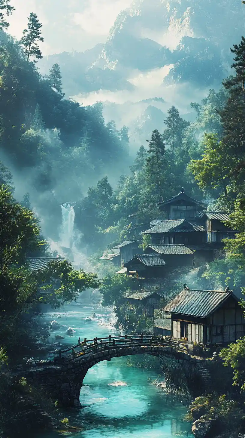 Tranquil Japanese village by a turquoise mountain river