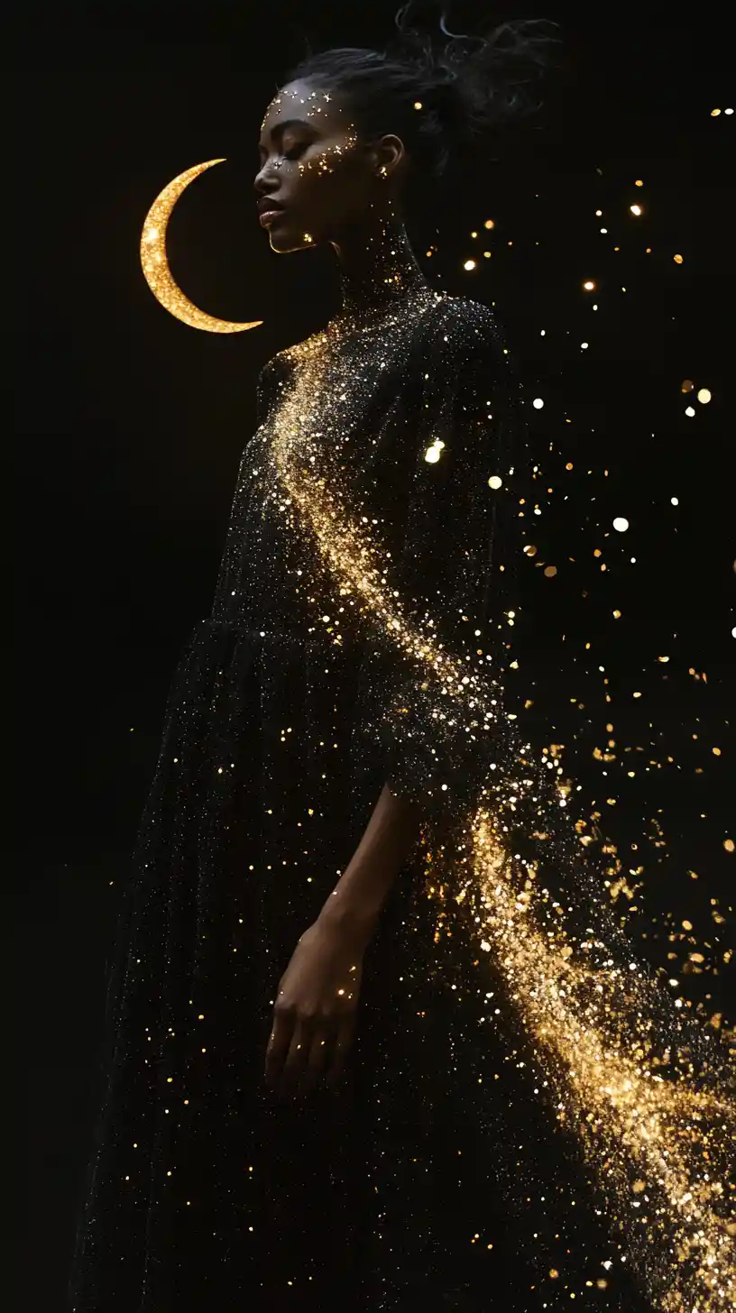 Surreal fashion woman with cascading star dress and moon