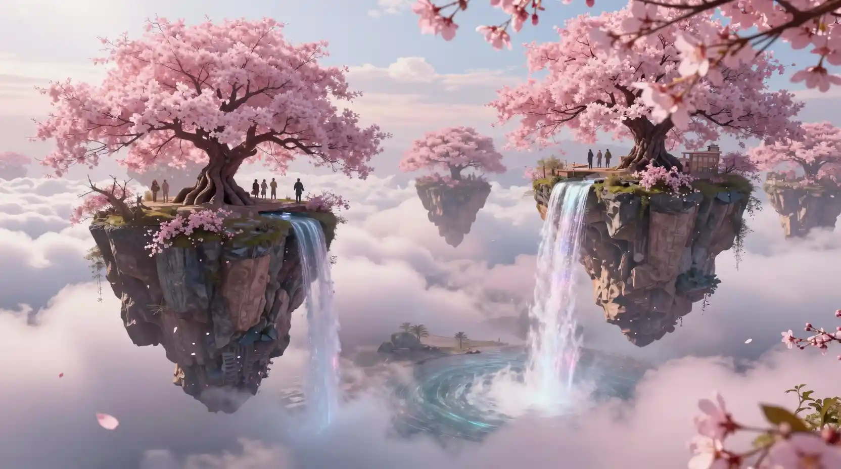 Floating sky islands with cherry trees above pink clouds