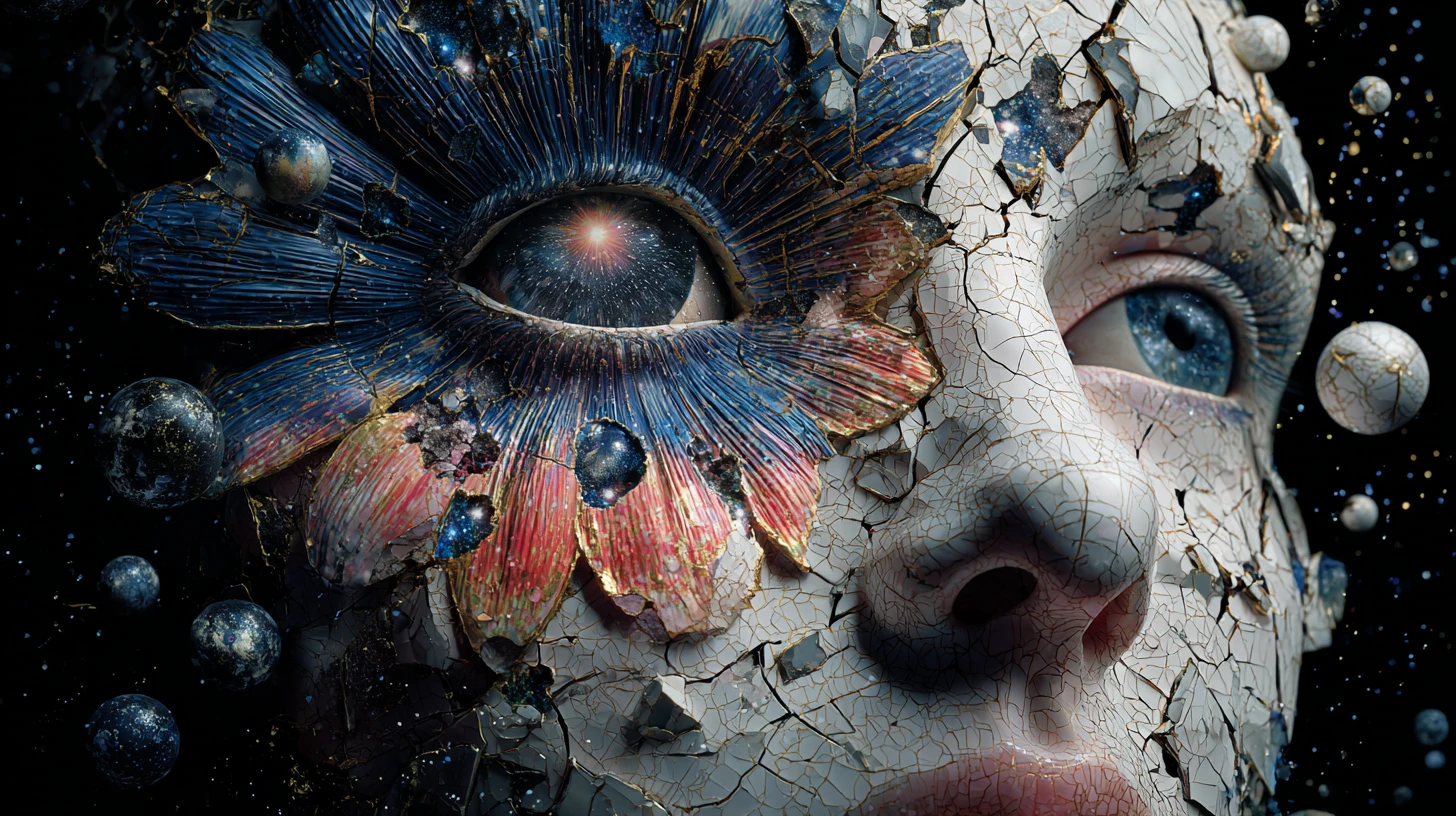 Surreal porcelain face emerging from a dark void with cosmic orbs