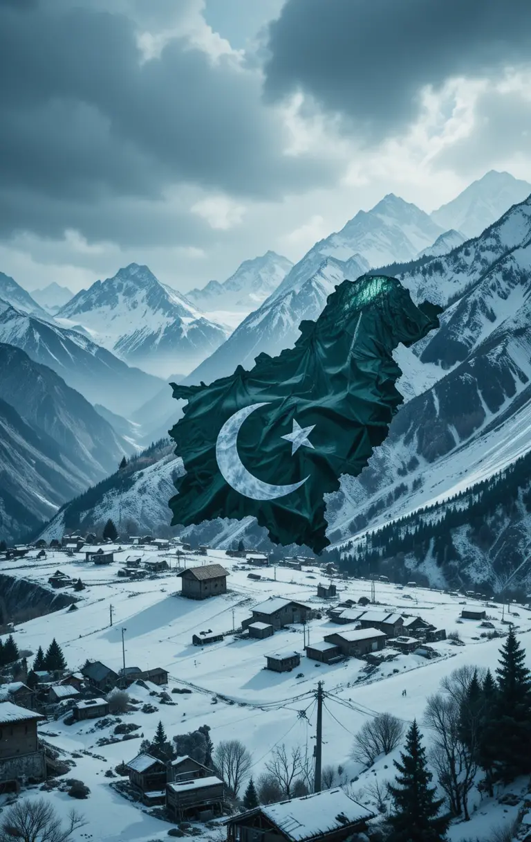 Cinematic view of Pakistan on a world map with snowy mountains