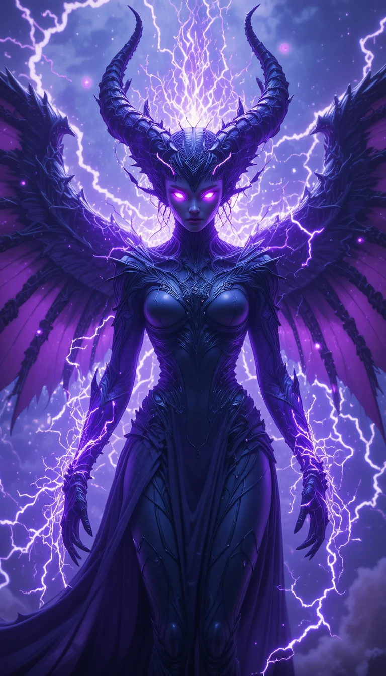 Horned cosmic woman with dark wings and purple energy