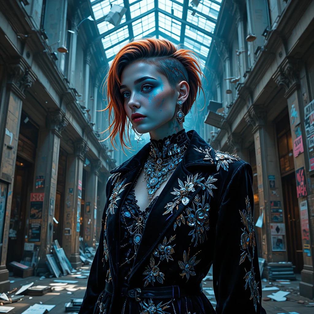 Cyberpunk outlaw queen in a brutalist fashion atrium