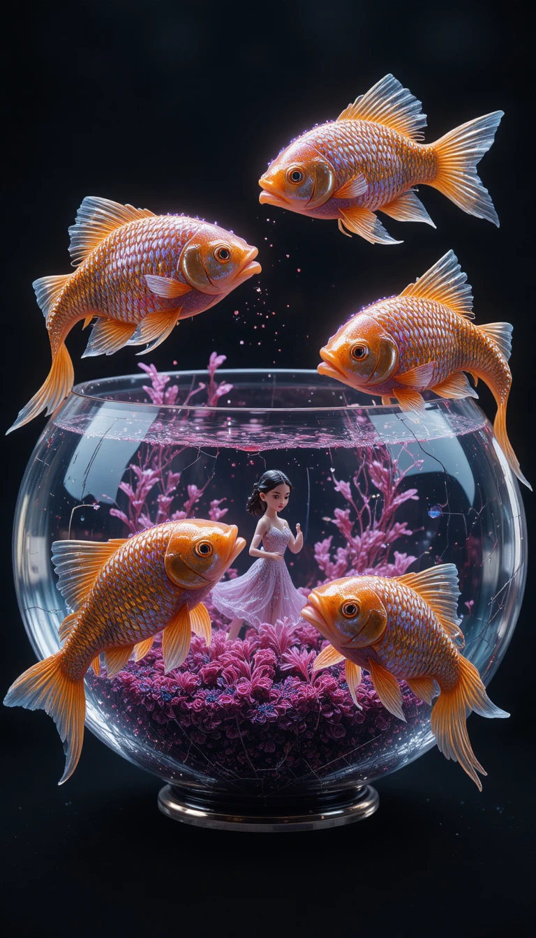Gold fish orbiting a broken aquarium in dark space