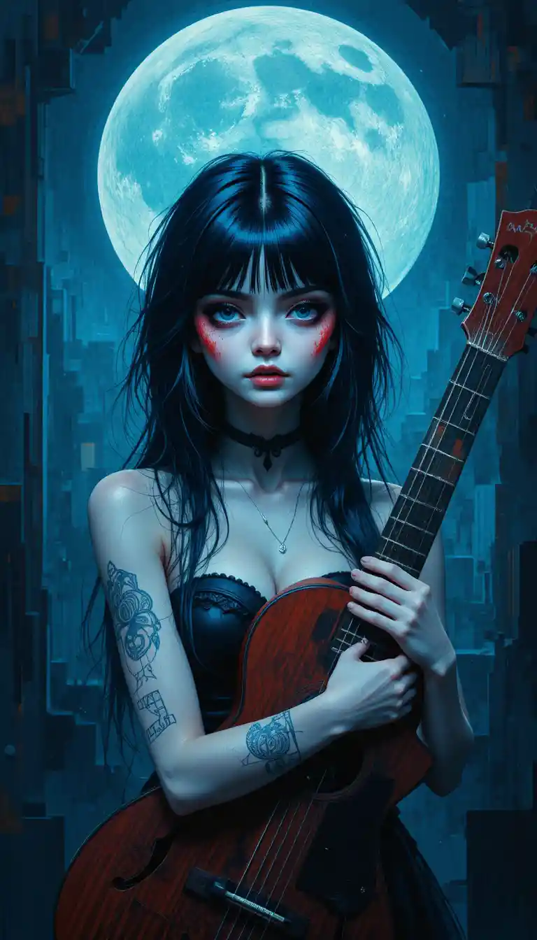 Abstract girl with guitar under a blue moonlit sky