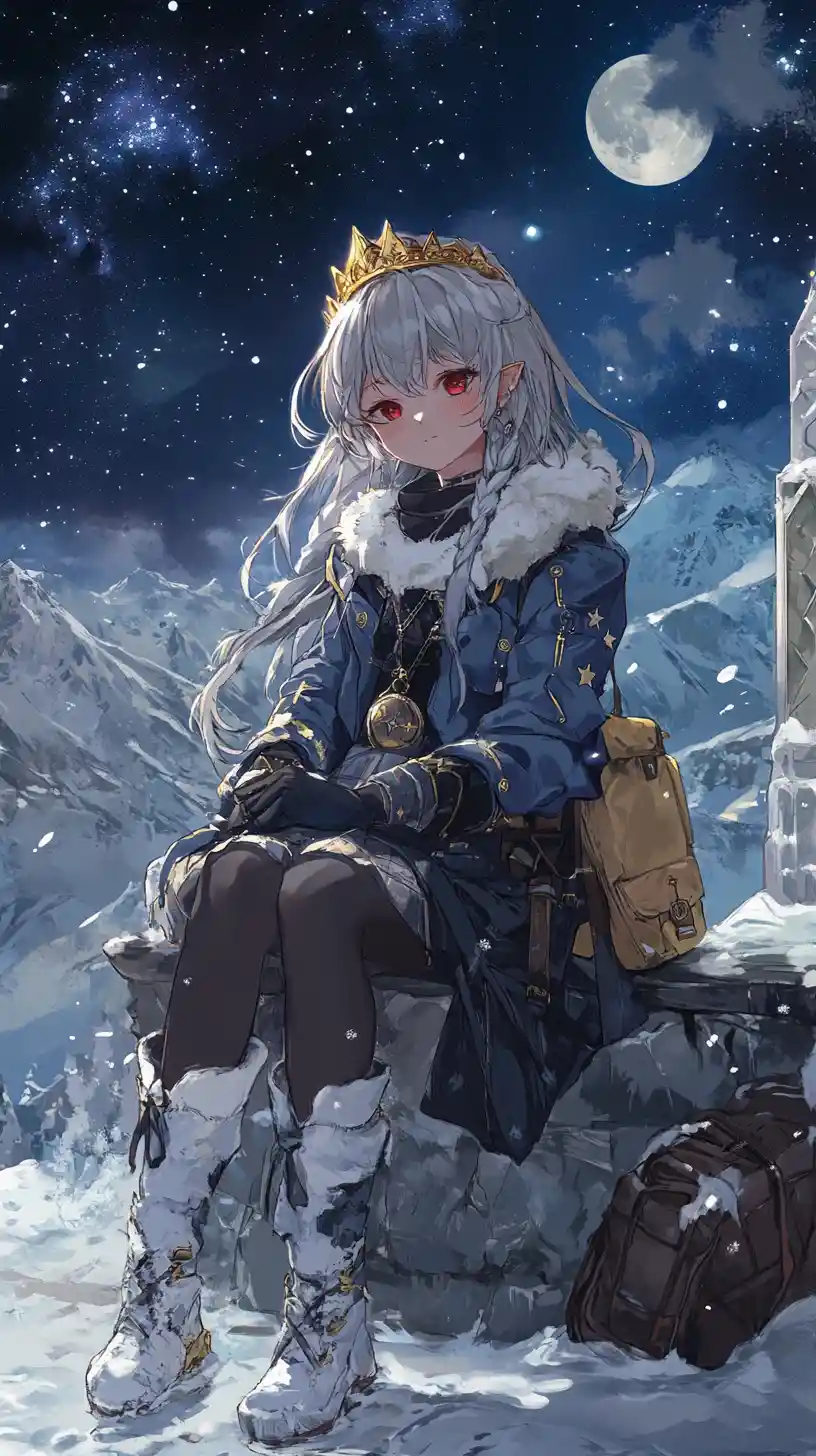 Anime girl on a giant hand before an icy rune palace