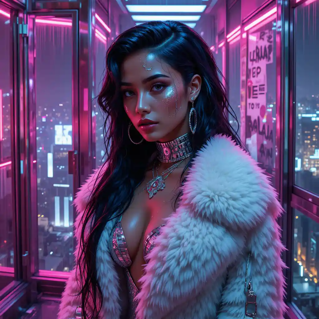 Cyberpunk fashion portrait in a chrome penthouse