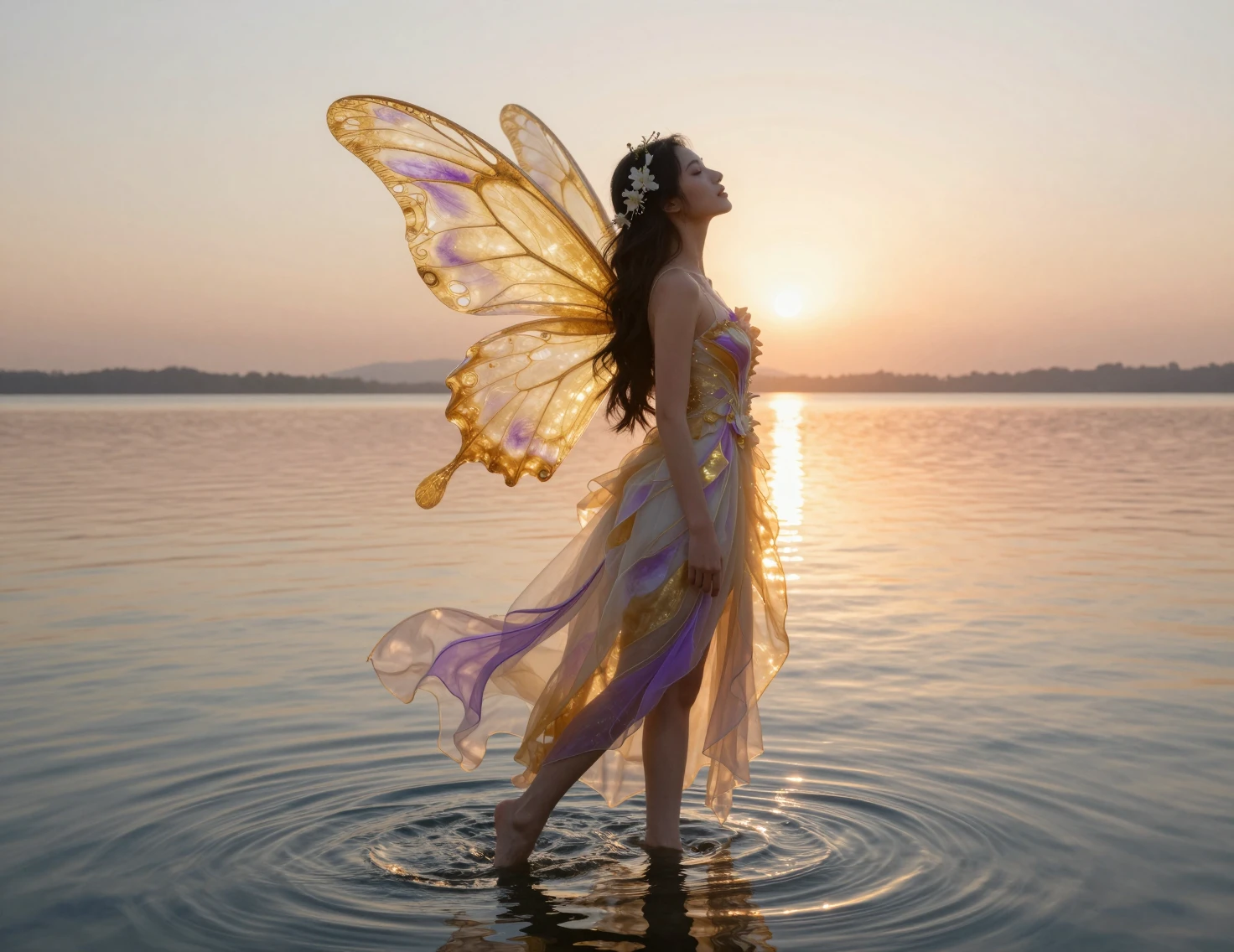 Joyful winged woman standing in a glowing sunrise lake