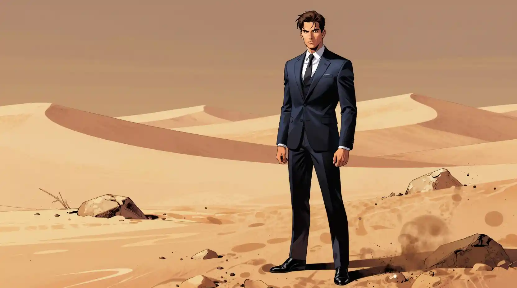 Short man in dark blue suit standing in desert winds