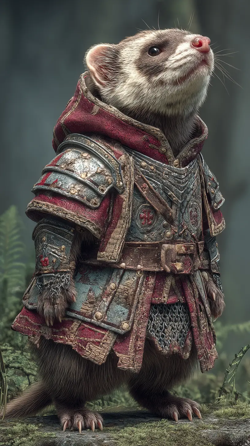 Armored ferret knight wandering through a mystical fantasy forest