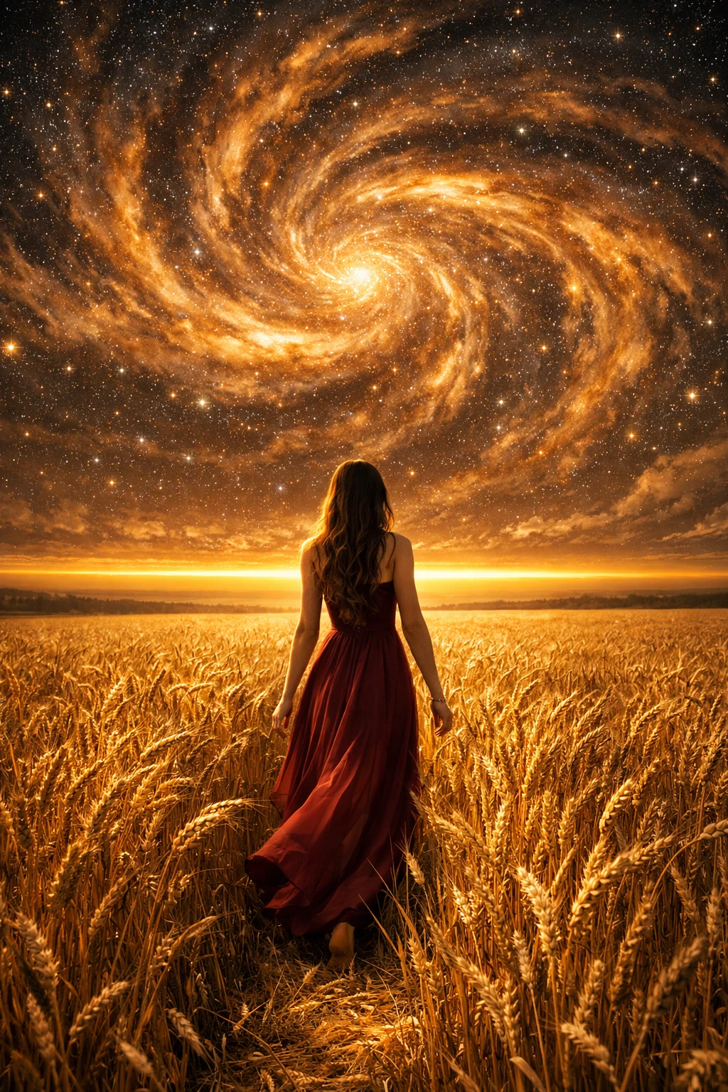Woman in burgundy gown walking through golden wheat