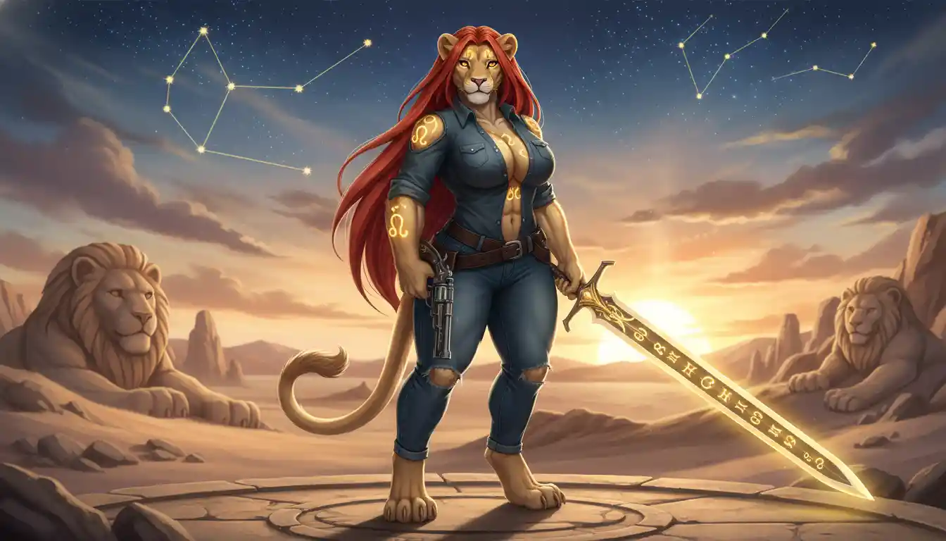 Anthro lion warrior woman with sword and pistol