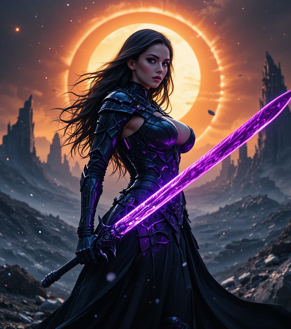 Paladina oscura con lama runica viola sotto un’eclissi