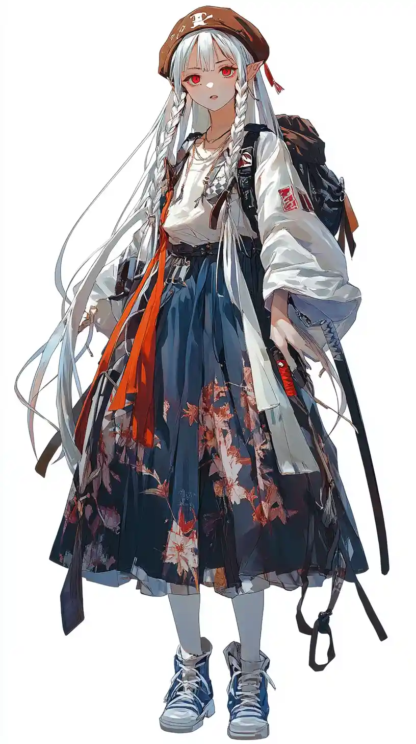 Anime girl with long white hair in layered autumn outfit