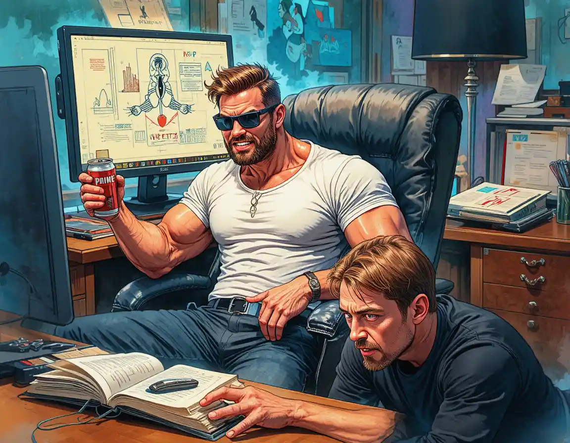Sweaty muscular man in comic office computer chaos