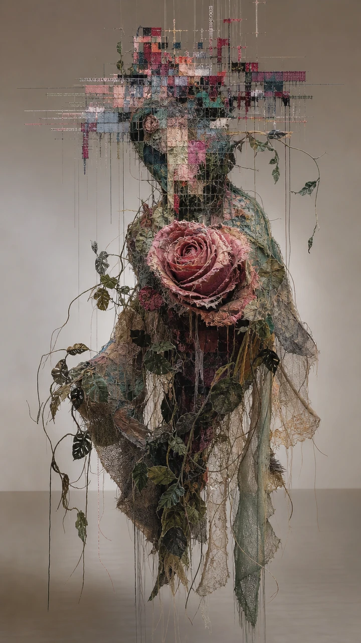 Surreal fabric rose figure dissolving into delicate hanging threads