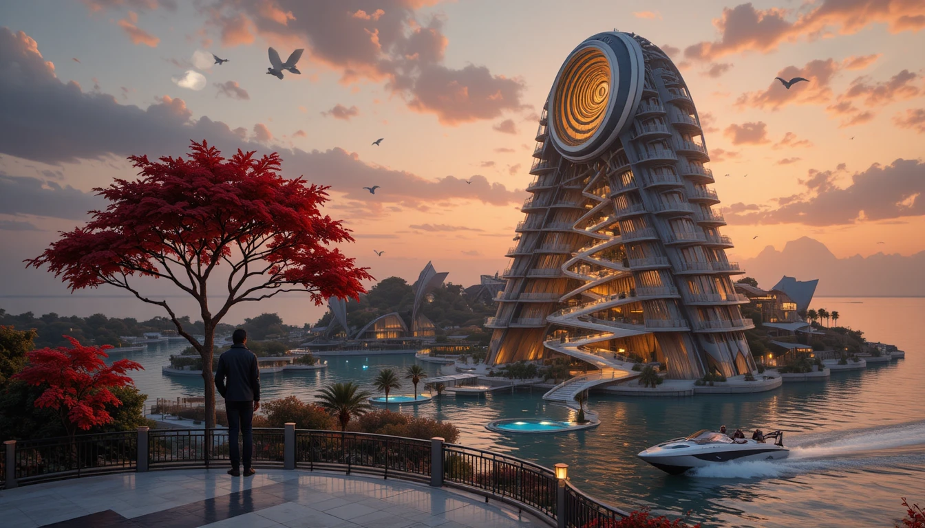 Lone figure before towering futuristic structure at sunset