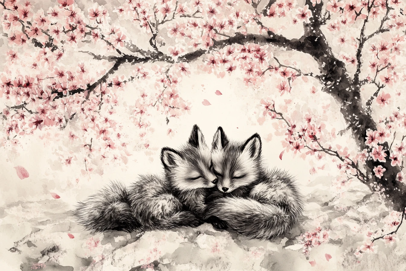 Playful fox kits cuddling under blooming cherry blossoms