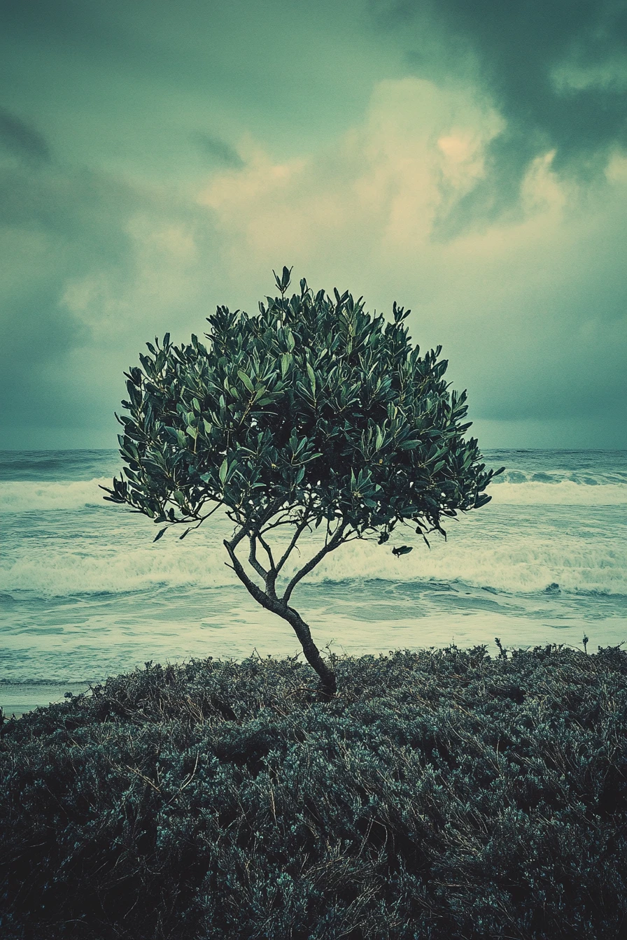 Surreal myrtle plant standing by the shore in dreamlike light