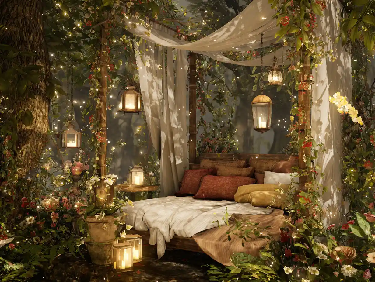 Romantic bed sanctuary in a moonlit fantasy forest