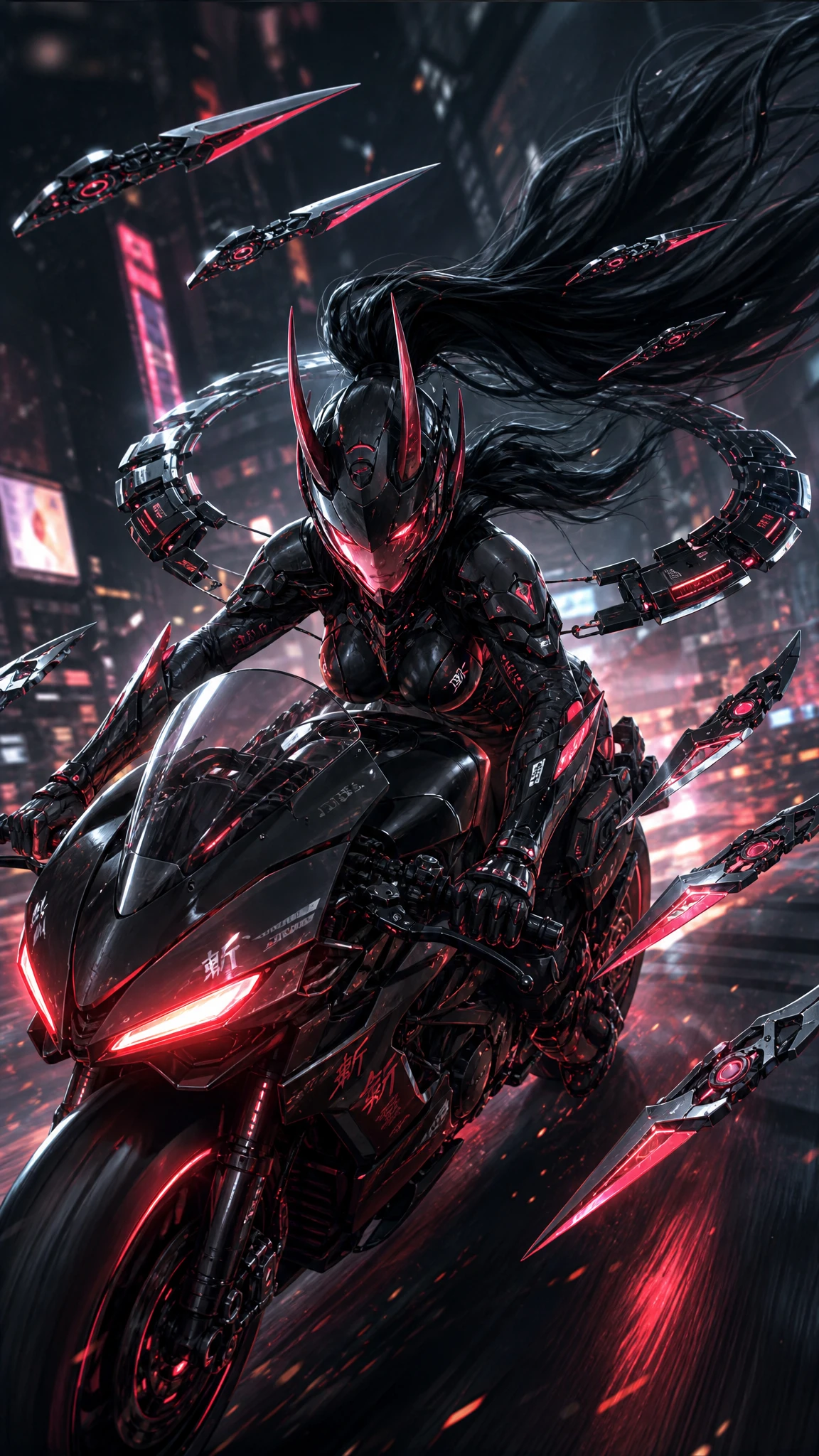 Cyber warrior woman with horned helmet riding a motorcycle