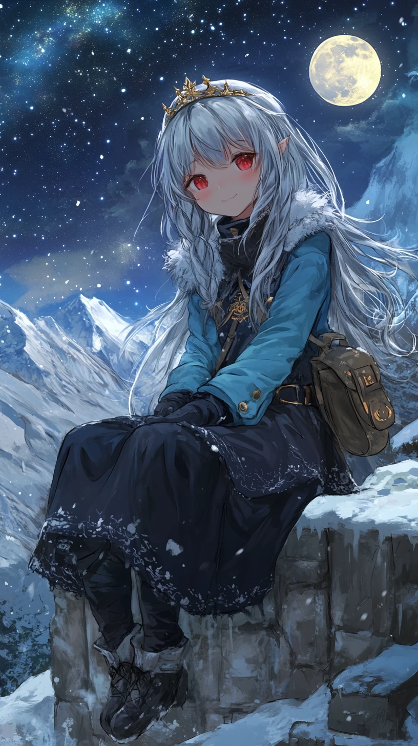 氷の宮殿の前の巨大な手に乗るアニメ少女