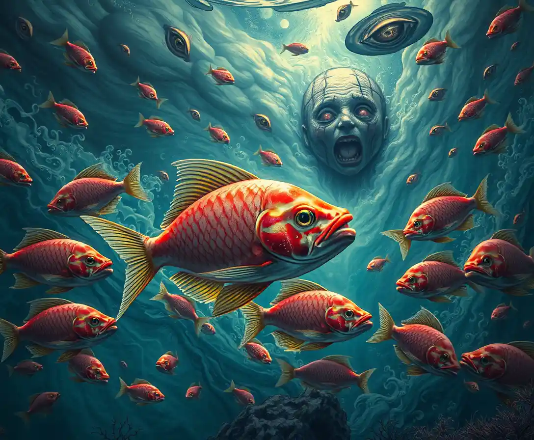 Surreal underwater storm of watching eyes and drifting fish