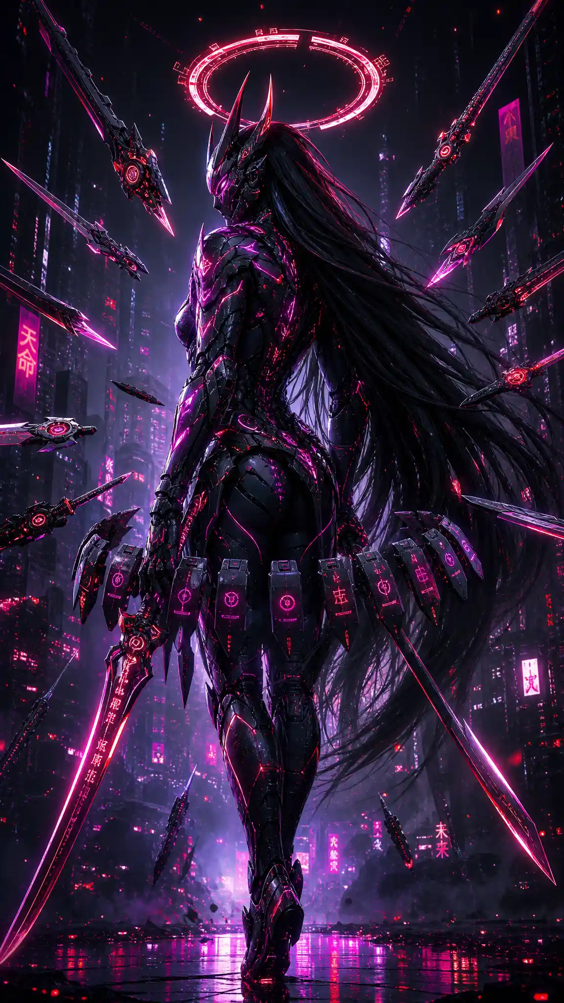 Cyberpunk-Krieger in Neonrüstung mit dämonischem gehörntem Helm