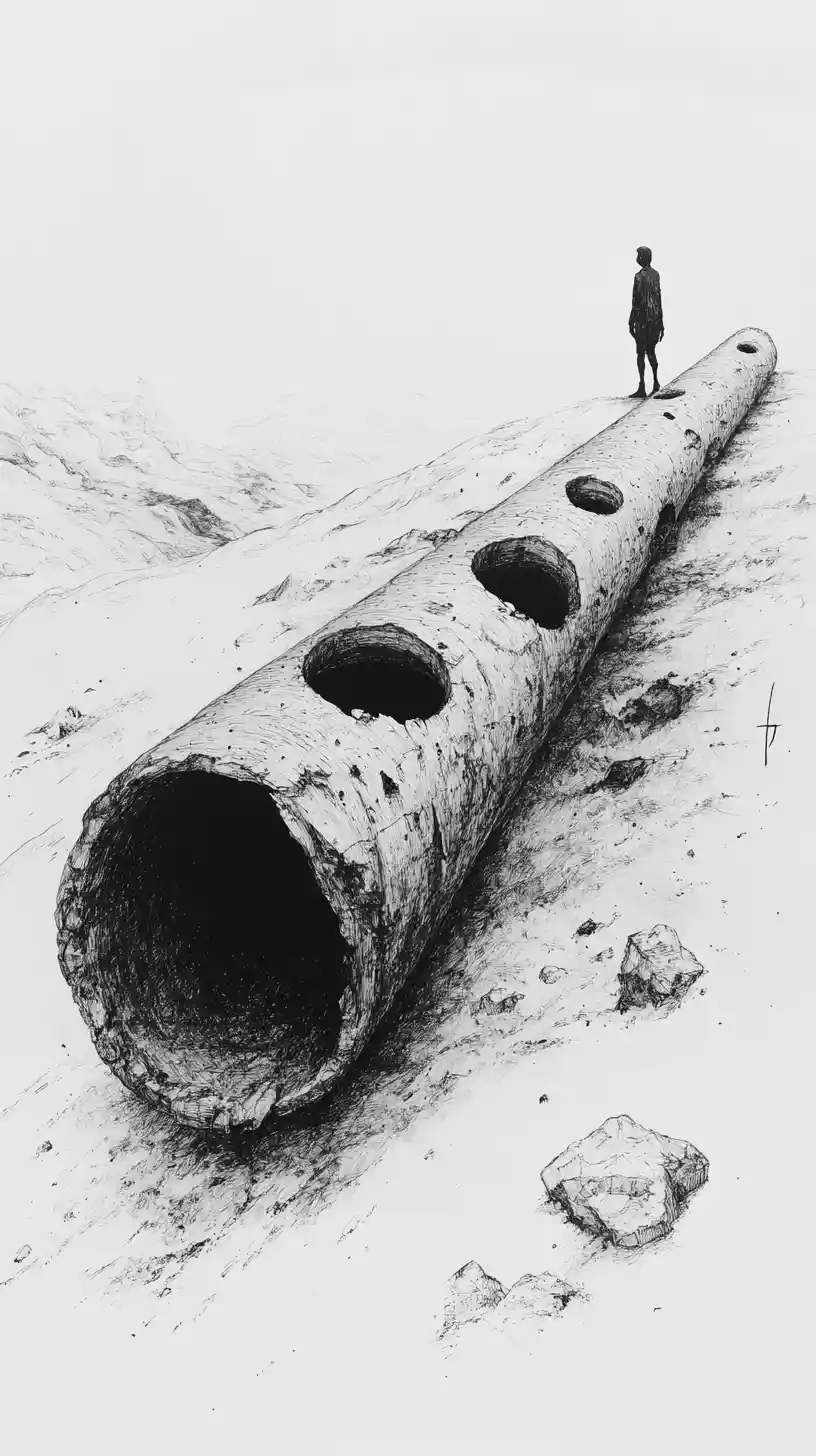 Tiny figure walking along a massive fallen flute structure